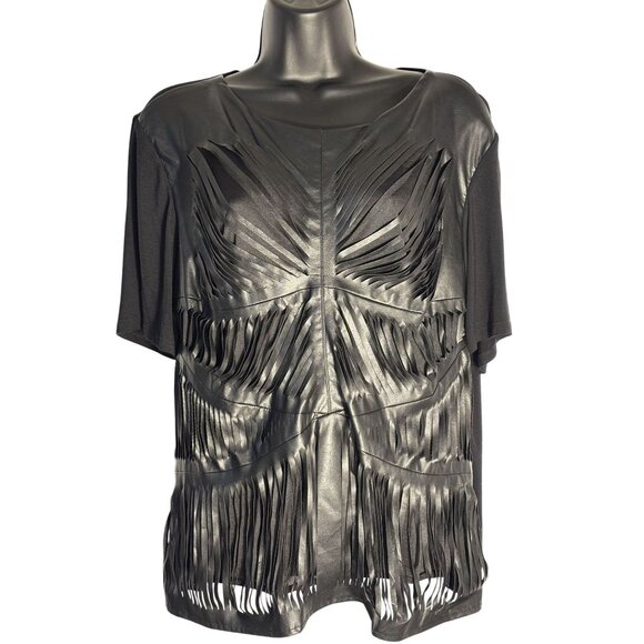 Boundary & Co. Black Fringe Top With Faux Leather Panels Size L - Picture 1 of 9